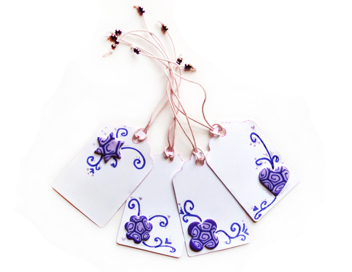 Paper Tags - Set of 4, violet and pink, with polymer clay shapes