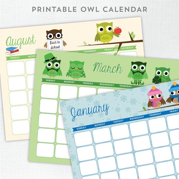 Printable Owl Calendar BLANK - INSTANT DOWNLOAD - 12 Month Desk Calendar Il_570xn