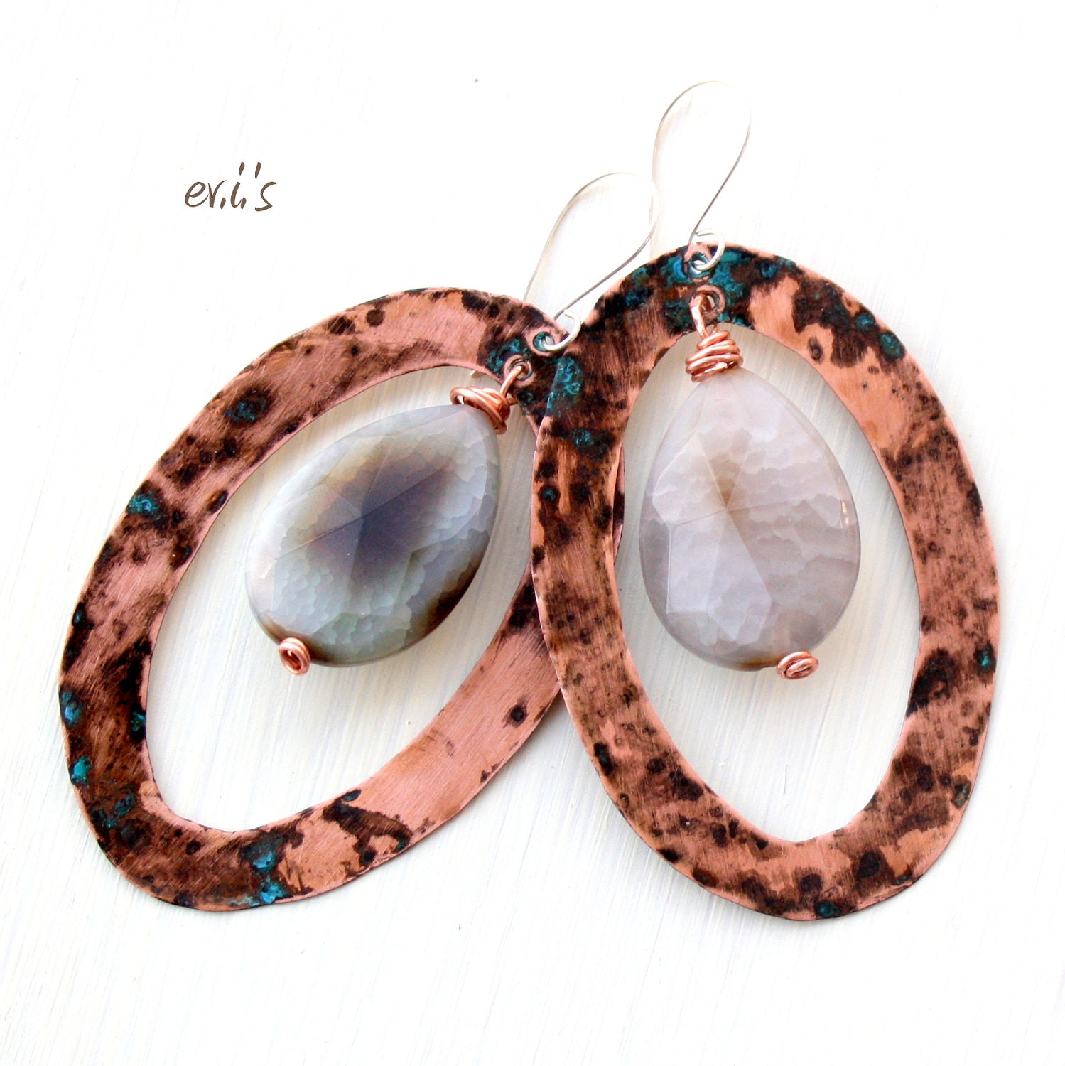 Cracked Agate Teardrop Copper Ovals Handcrafted Eco Friendly Metalwork Chandelier Artisan Bohemian Drop Dangle Earrings Gift for Her