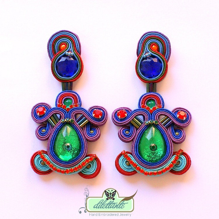 Long Soutache Earrings - Frida Kahlo Statement Earrings - clip-on