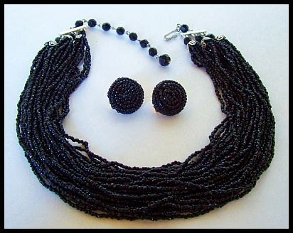 Vintage Signed Laguna Black Glass Bead Necklace & Earring Demi Set Silver Metal 16" VG