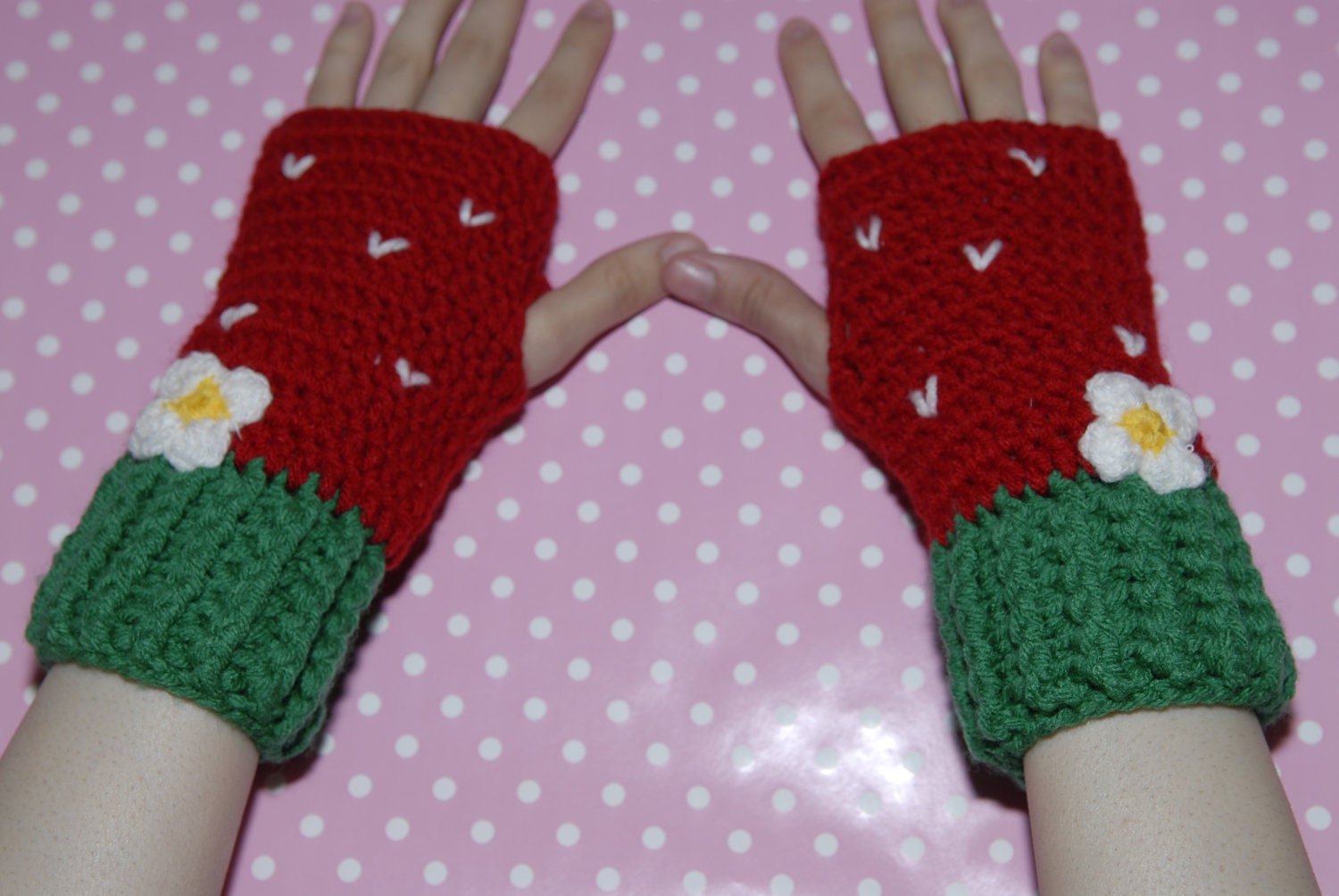 Fingerless Gloves -Strawberry Fingerless Gloves-Crochet Gloves-Crochet Mittens-Food Gloves- Kawaii-Red And Green-Women Gloves