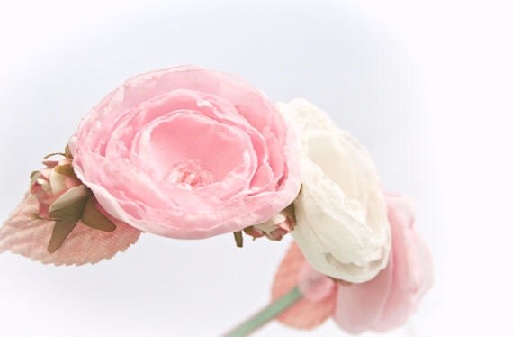 HUGE SALE - Ivory and Pink Lollipop Flower Headband Shabby Chic Flower Hair Accessory Women Headband Wedding Flower Girl Headpiece