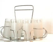 Vintage Atomic Retro Barware Libby Frosted Tumbler Set of 8 Collins Glasses and Chrome silver Eames Style Caddy