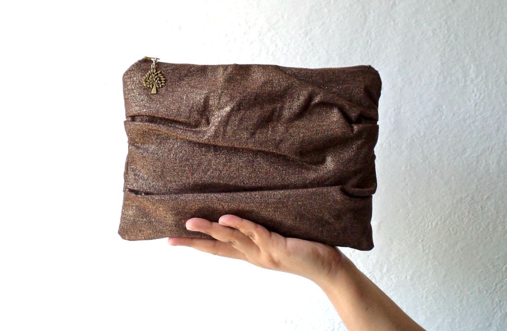 Vegan pleated Clutch, ruffled handbag, pouch, beautiful metallic linen, Brown/ocher color and gold sparkles, tree pendant,