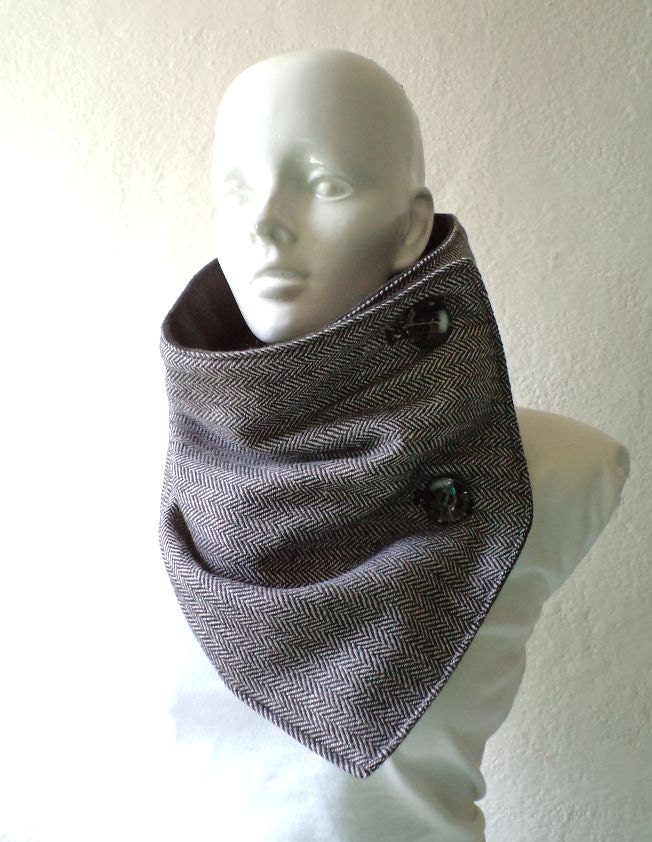 Woman scarf.women cowl,Extra Wide,asymmetric,herringbone wool black and white with buttons.Trendy, modern, chunky  and cozy.