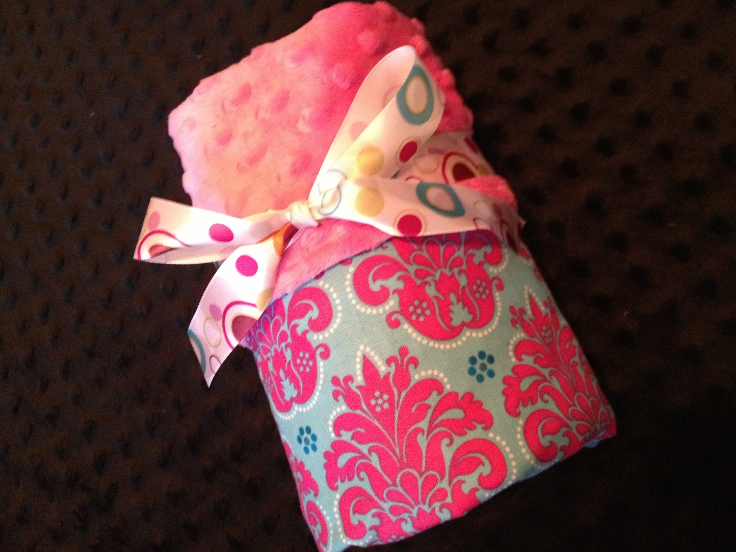 Minky Baby Blanket- pink minky with aqua and pink damask