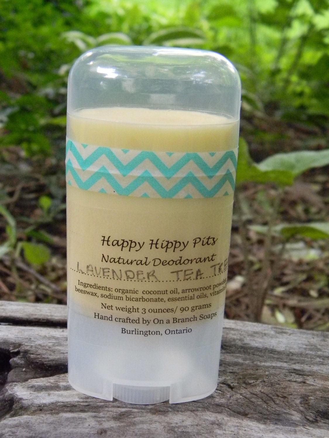Happy Hippy Pits, Natural Deodorant, Solid, Lavender and Tea Tree, on a branch soaps
