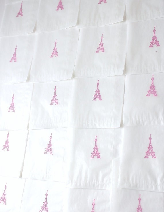 25 Glassine bags, Eiffel tower Paris handstamped paper envelopes, stamped birthday or wedding shower party goodie bags, pink eiffel