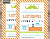 Boys Baby Shower Invitation mustache orange,aqua & lime digital file, printable