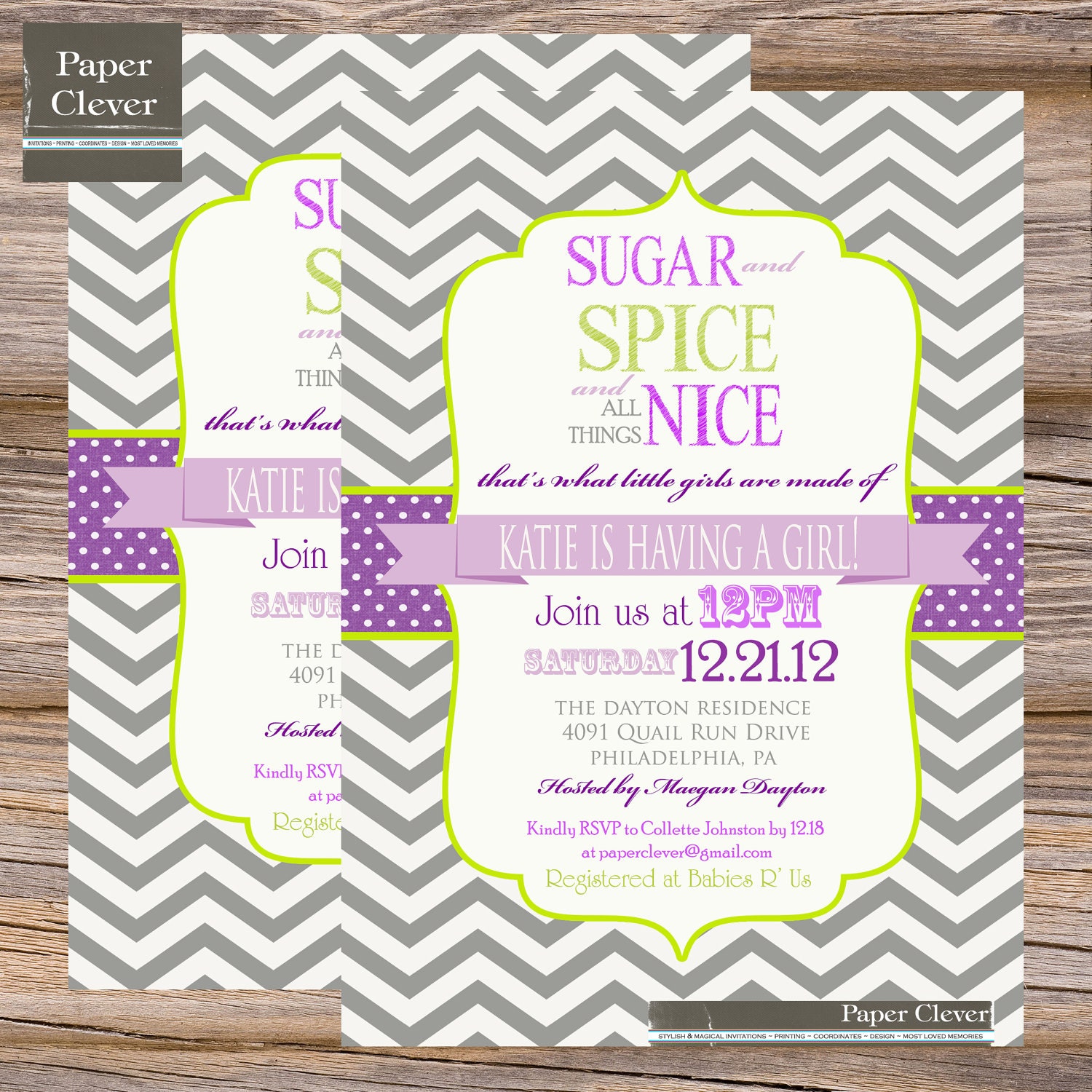 Sugar & Spice girls baby shower invitation, purple, green - digital ...
