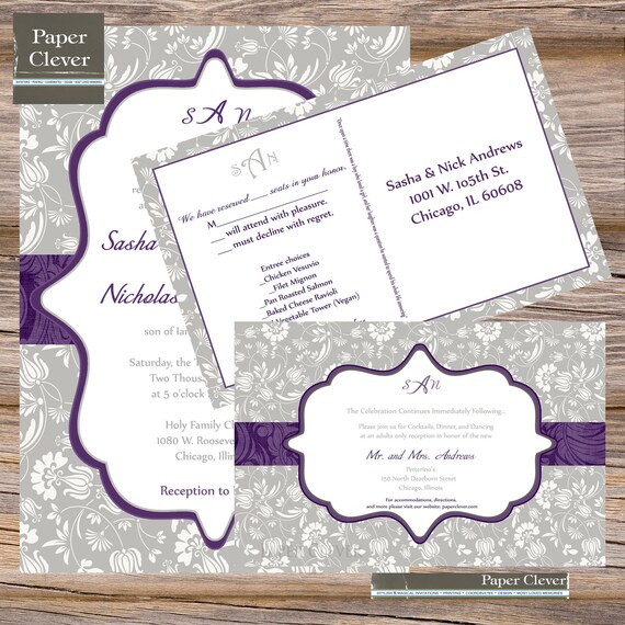 Wedding Invitation Suite vintage, purple & grey any colors - digital file, printable Il_570xn