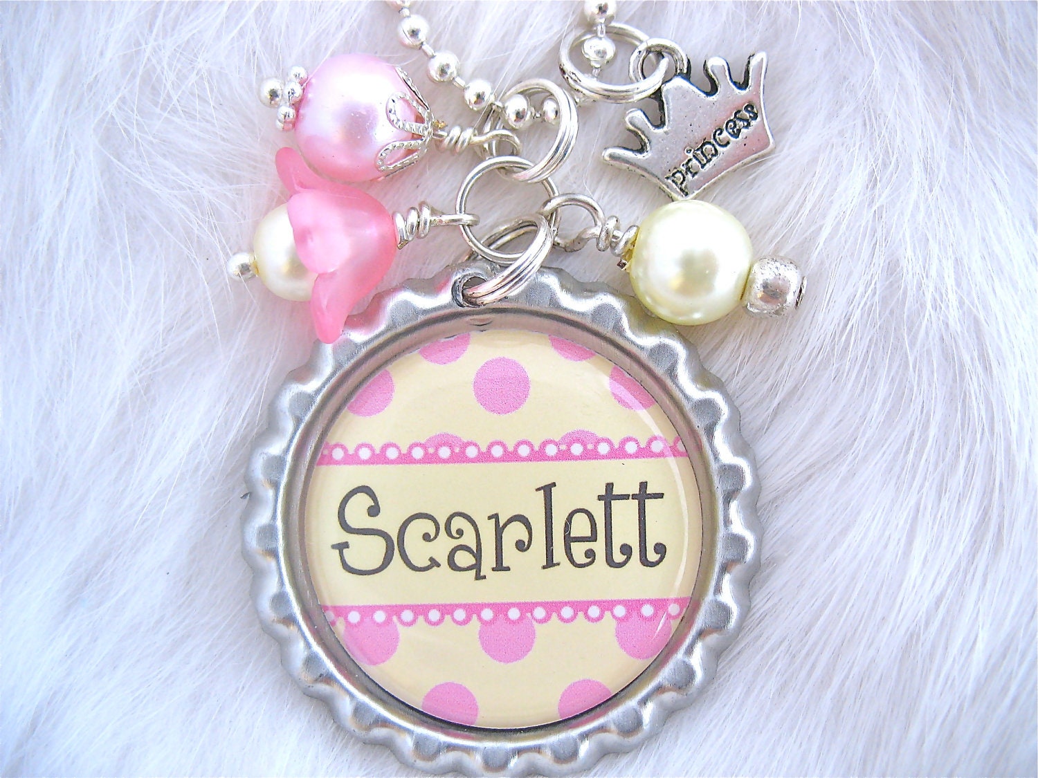 Childrens Jewelry, Pink and Yellow Polka Dot, Princess Necklace, Personalized Children Name Bottle cap Necklace Shabby