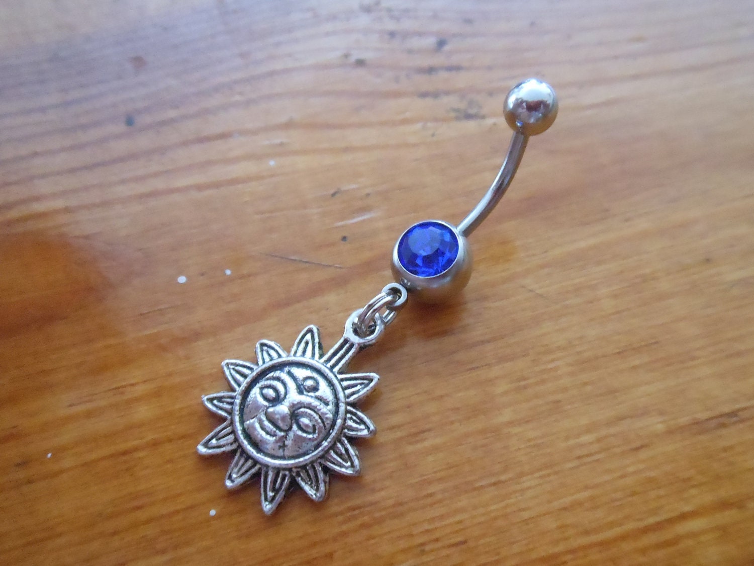 Belly button ring - Body Jewelry - Sun belly ring with dark blue gem