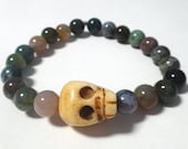 Fancy Jasper Beaded Bracelet with Bone Skull