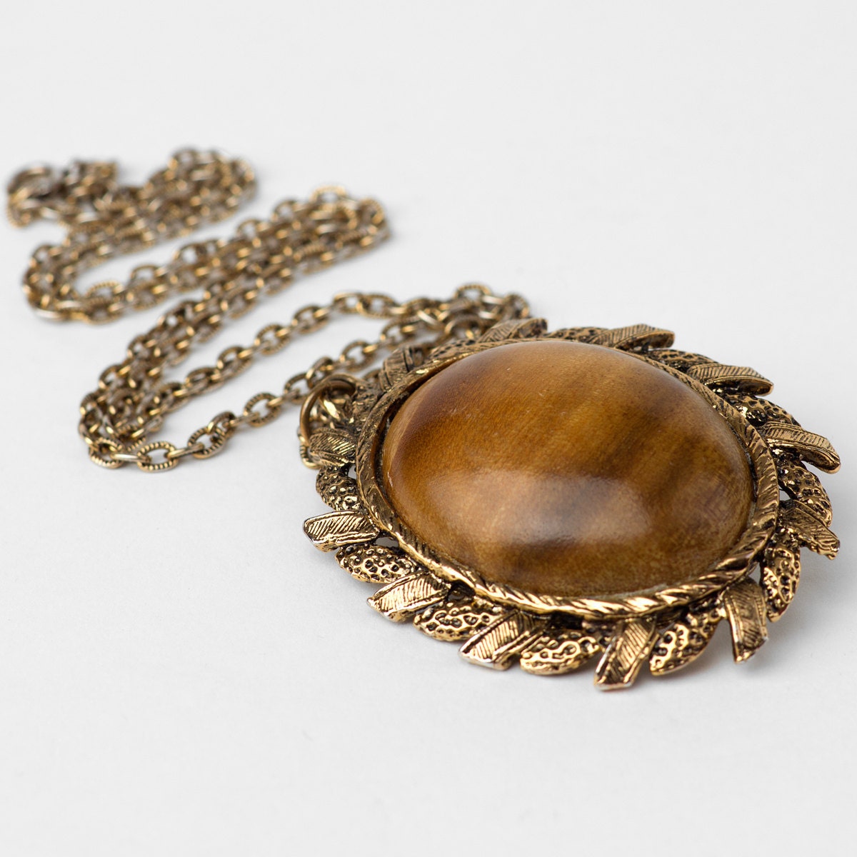 80s Vintage Necklace Wood Mirror Pendant Brown Gold Tone