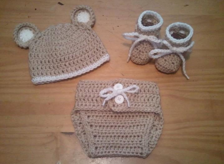 Baby Bear Hat, Booties & Diaper Cover Set in Buff White - Newborn Beanie Cap Shoes Halloween Thanksgiving Christmas Gift Winter Outfit