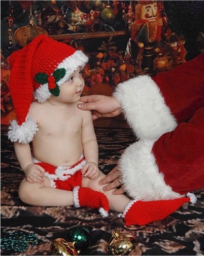 Baby Santa Hat, Diaper Cover, Elf Booties Set - Holly Santa Baby Preemie Child Boy Girl Christmas Holiday Thanksgiving Winter Outfit