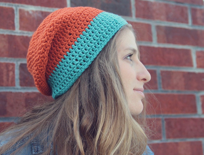 CLEARANCE Orange & Turquoise Slouchy Crochet Beanie