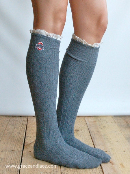 Lacey Fan OHIO STATE Boot Socks cable knit boot sock with lace and school logo - collegiate boot socks (Item no.12-9)