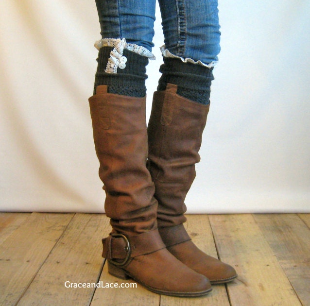 SALE SALE The Lacey Lou Graphite Open-work Leg Warmers w/ ivory knit lace trim & buttons - Legwarmers boot socks (item no. 3-23)