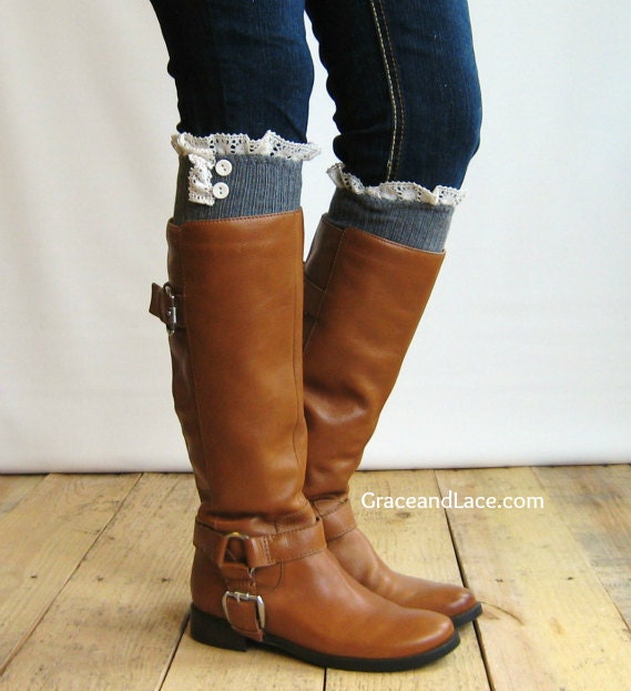SALE SALE The Milly Lace - Charcoal Grey cable-knit Boot Socks with Ivory Lace Ruffle & buttons - lace socks (item no. 5-4)