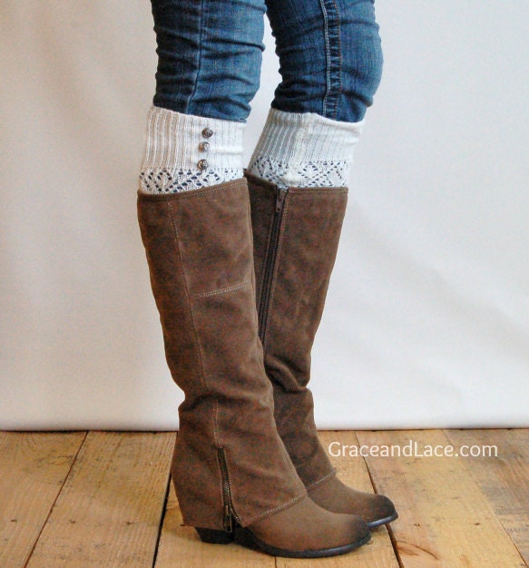 LouLou -off-white: Open-work Knit Leg warmers w/ 3 antique silver buttons - Legwarmers boot socks button legwarmers (item no.9-16)