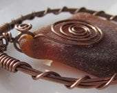 Brown Eyed Girl large amber brown oval wire wrapped sea glass pendant