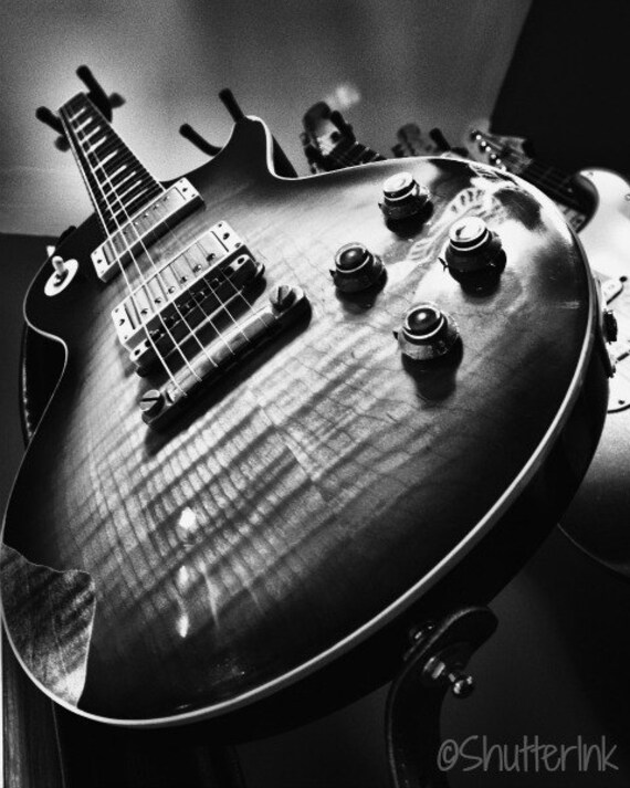 Music Print. Guitar. Rock and Roll. Black and White. by ShutterInk