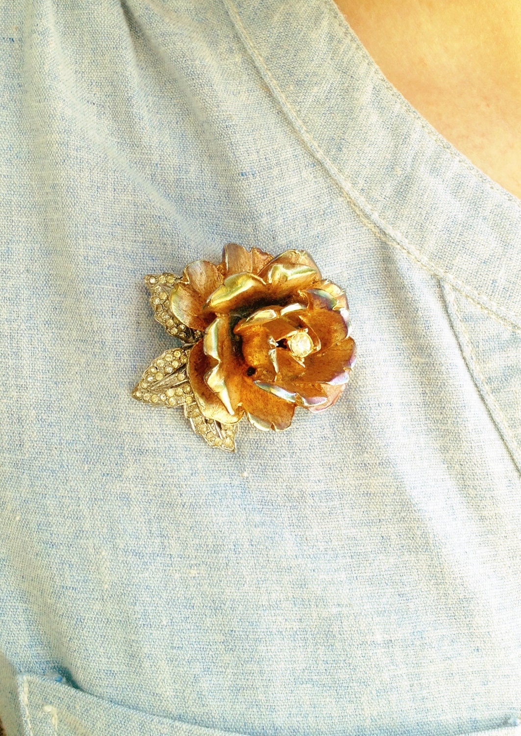 Stunning Vintage Goldtone Rose Brooch with Center Rhinestone and Mini Rhinestones on Silvertone Leaves