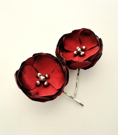 Red Fabric Flower Bobby Pins, Small Satin Flowers, Bridesmaid Hair Clips, Wedding Girls Accessories Girls, Apple Bridal