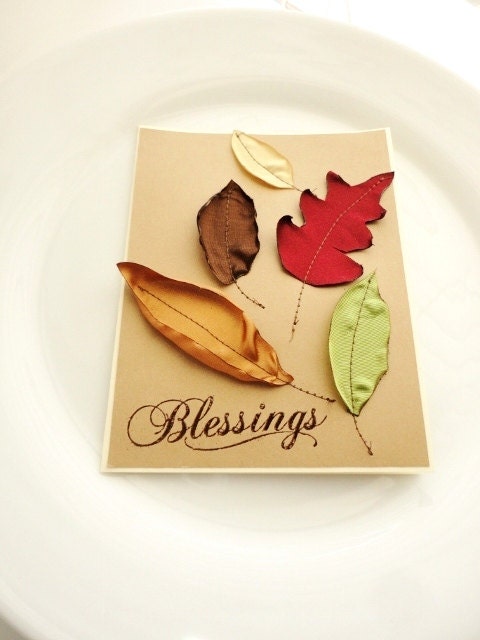 Handmade Fall Card, Blessings Stamp Embossed, Autumn Leaves, Sewn Card, Kraft, Christian Religious