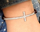 Silver Crystal Sideways Cross Brown Rope Braided Bracelet