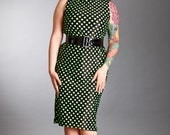 Green Polka Dot Dress Boat Neck Pinup Wiggle Dress Rockabilly