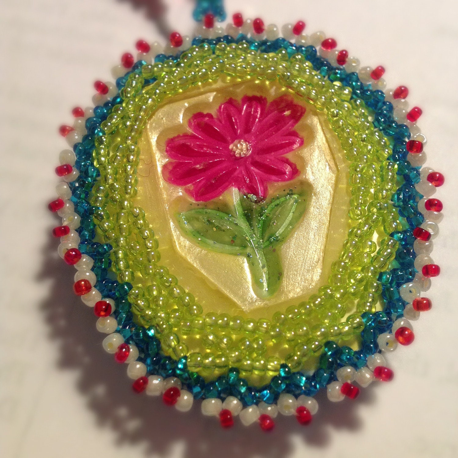 Bright Whimsical Beaded Bead Necklace with Artisan Pendent