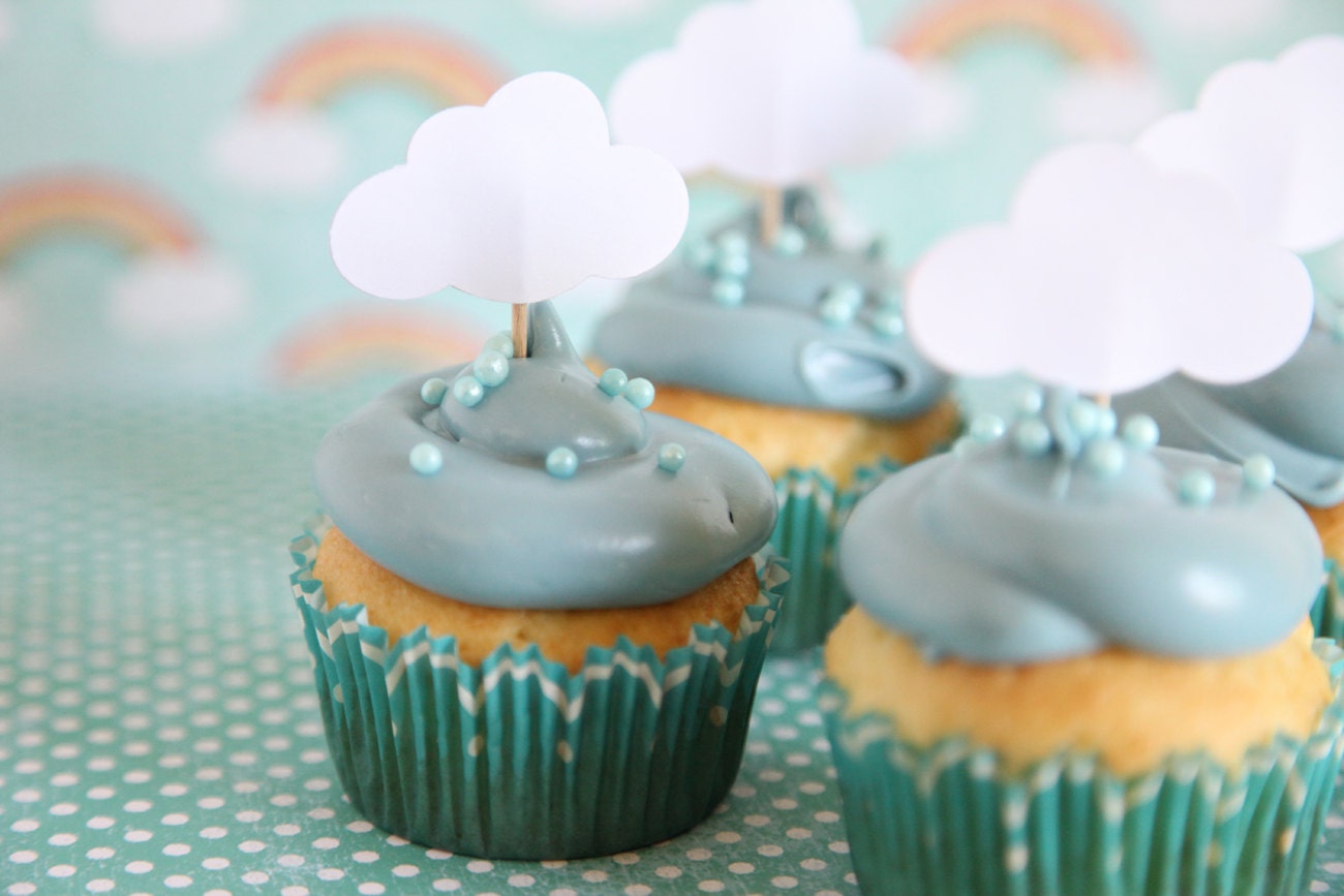 Baby Shower Theme, Cloud Cupcake Toppers, Rainy Day theme, Showers, up up and away theme,12 cloud toppers