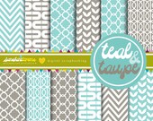 Teal and Taupe Digital Papers - Set of 12