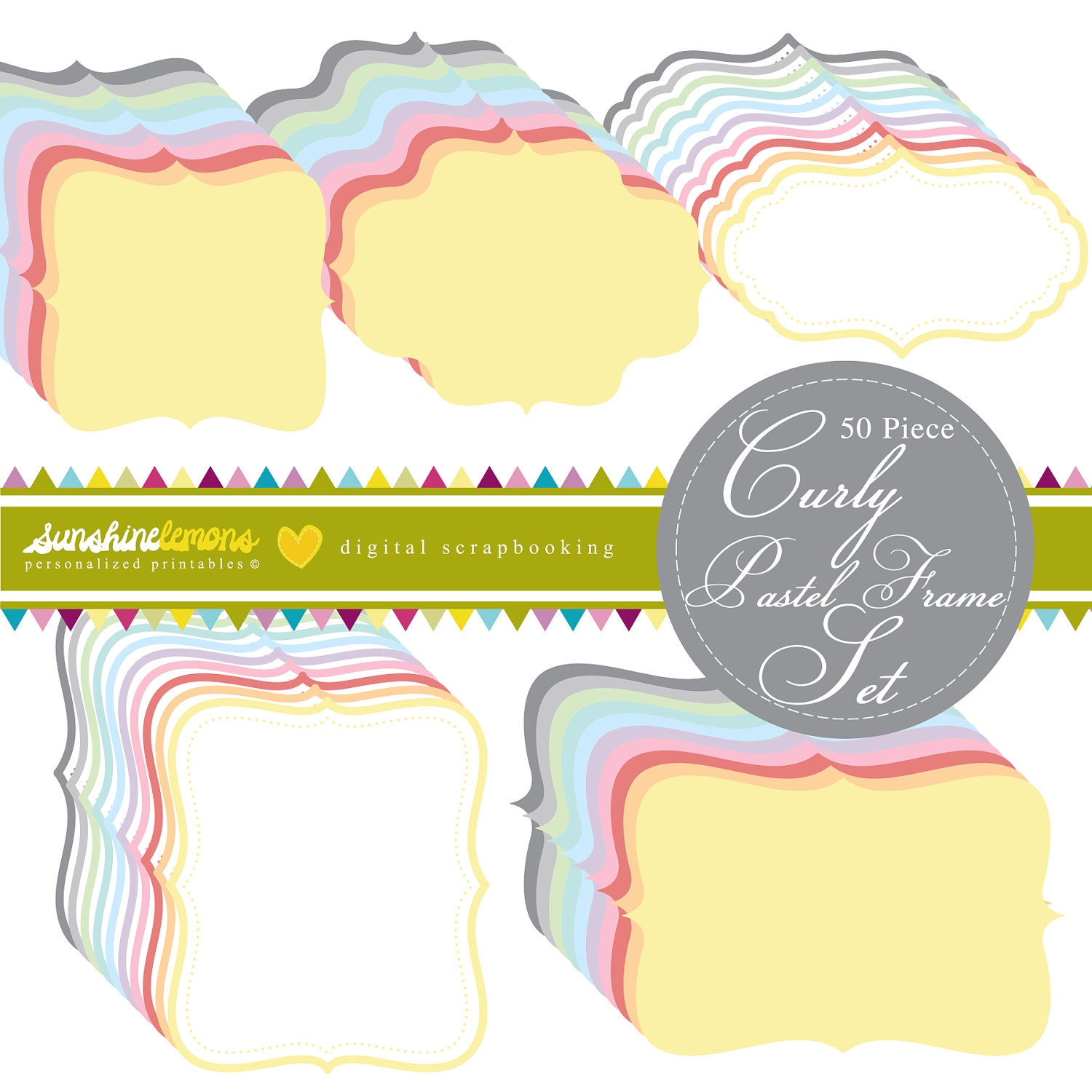 Curly Pastel Modern Digital Frames - 50 piece set