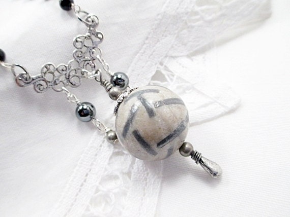 Silver Bead Necklace Handmade Beaded Jewelry Black White Gun Metal Long Victorian Bohemian Upcycled Romantic Boho Boutique Jewelry