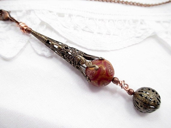 Brass Lariat Necklace Beaded Jewelry Steampunk Goth Victorian Brown Copper Bronze Mixed Media Minimalist Metal Bohemian Earthy Rustic