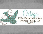 Set of 90 Return Address Labels - Bird with swirls teal