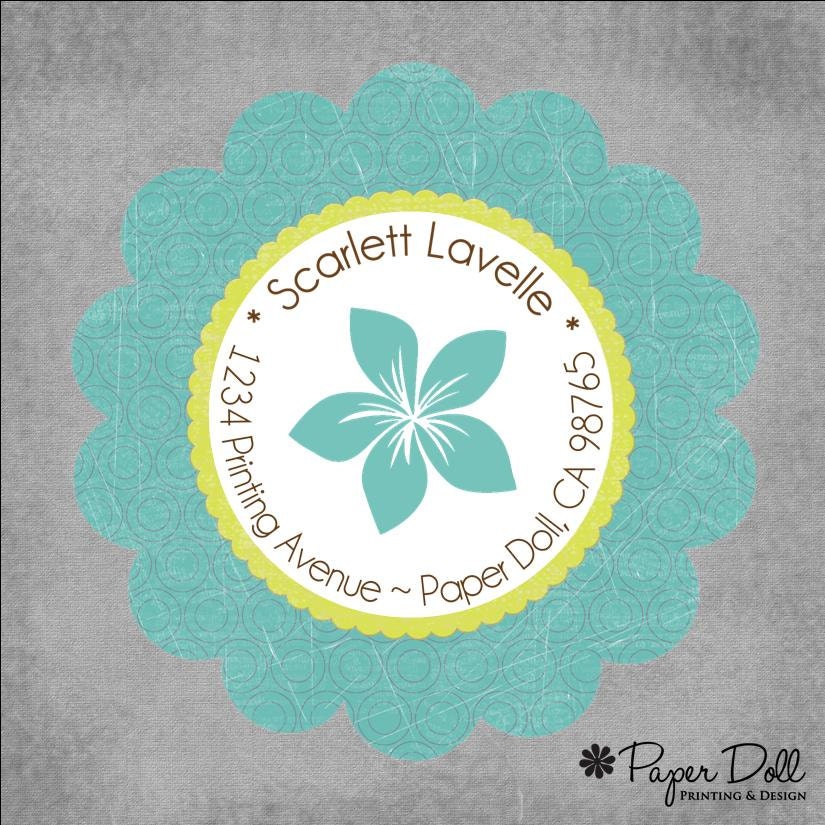 Set of 45 Scalloped Round Return Address Labels in a Tin - Hawaiian Flower Teal and Lime Green