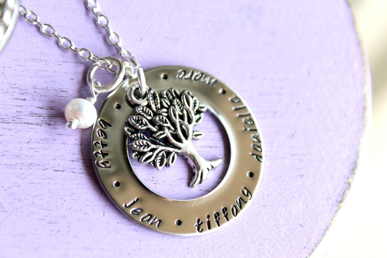 Family tree hand stamped necklace