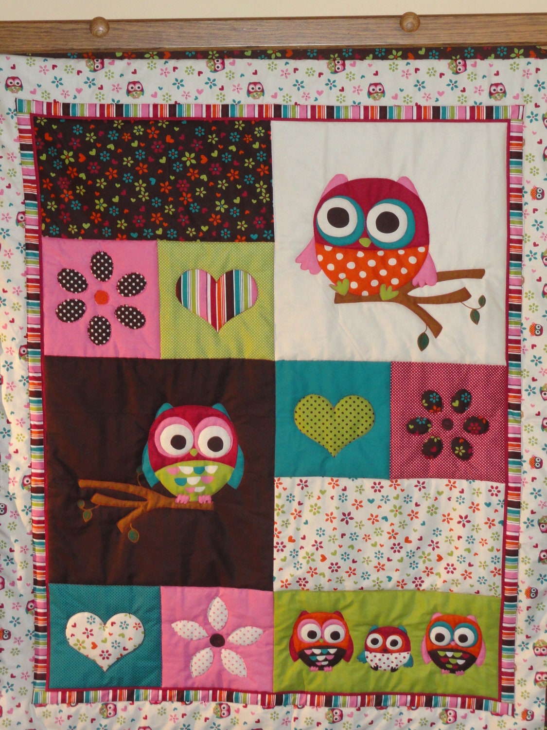 Hearts, Flowers and OWLS Baby Quilt for girls. Gorgeous bright colors, PINK, turquoise, green and brown