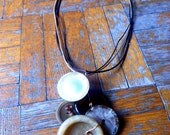 vintage buttons necklace brown and beije , 5 resin buttons pendant - copper wire wrapped - handmade - cotton cord strings