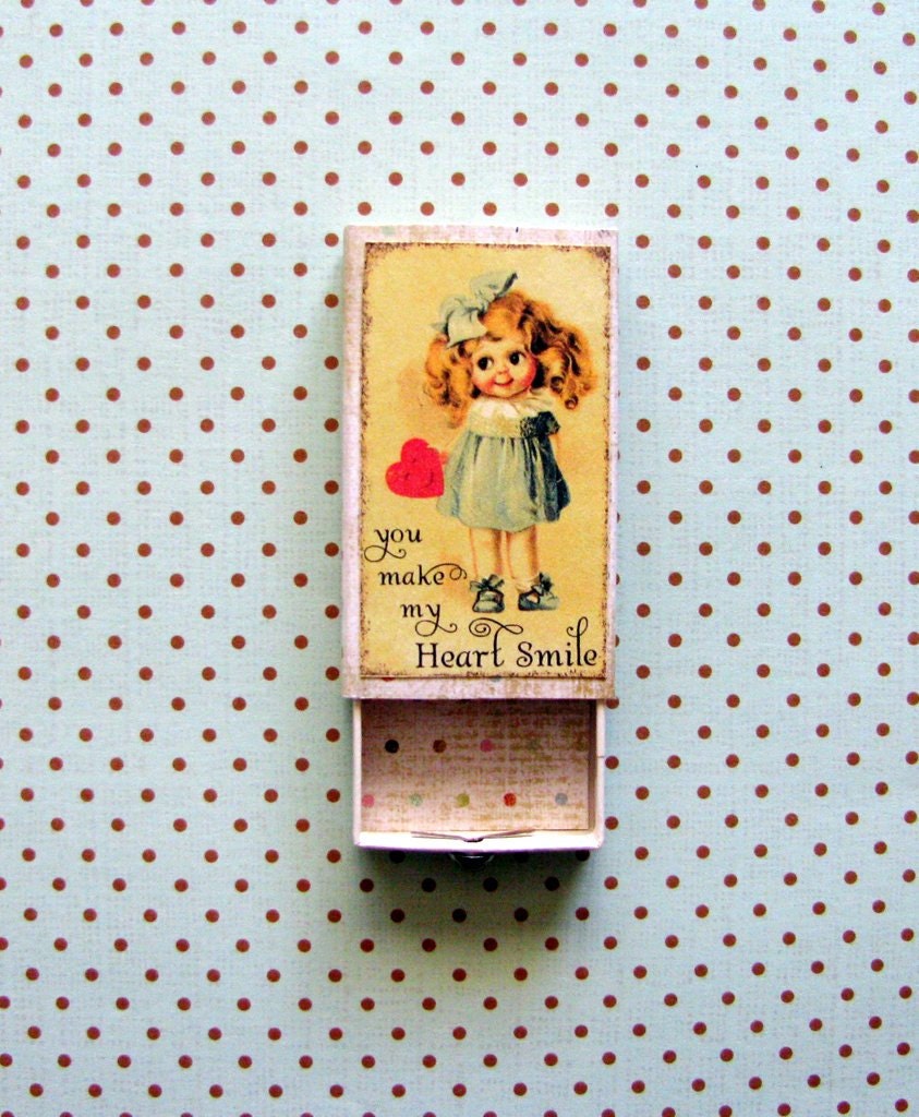Friends Gift Box Altered Match Box You Make My Heart Smile Vintage Little Girl