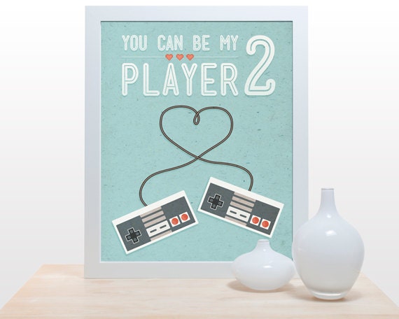You can be my player 2 - 11x14 Games Love Retro  Old-School Nintendo Co-op aqua love heart wedding gift light blue controller