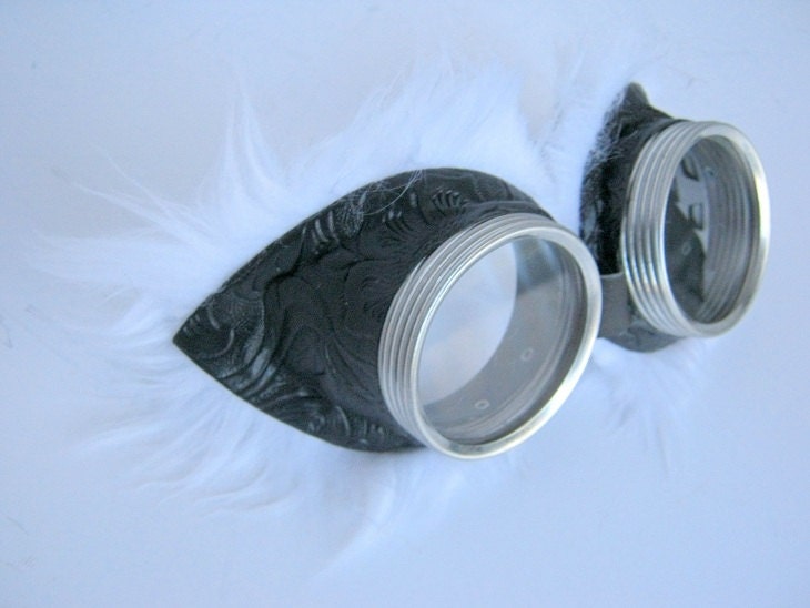 Steampunk Goggles Air Pirate Eyewear - black faux leather with white faux fur eye trimming