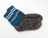 Hand Knitted Wool Socks - Blue and Brown, Size Large