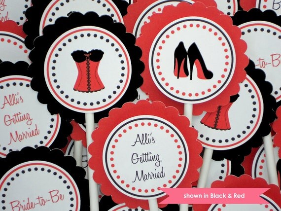 Bachelorette Cupcake Toppers - Personalized Corset & Heels Themed Party Decorations - Colors and Text Customizable Il_570xn